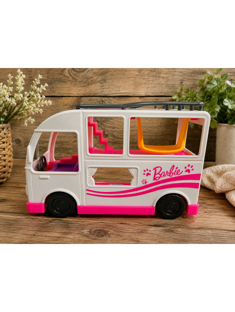 Barbie Pet 2-Story Camper Van Toy Vehicle with Swing & Stairs Doll Playset